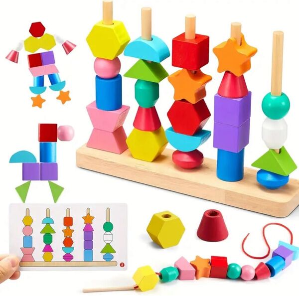ビーズ積み木 紐通し モンテッソーリ 知育玩具 木製 カラフル 楽しい 指先遊び