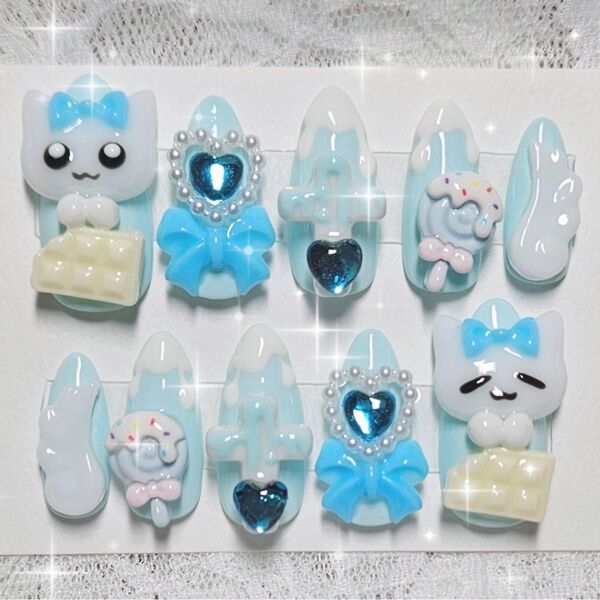 118 現品 ネイルチップ 水色 量産型 地雷 ロリータ ゆめかわ 魔法少女 平成女児 ゴテゴテ フレンチガーリー 羽 チョコ