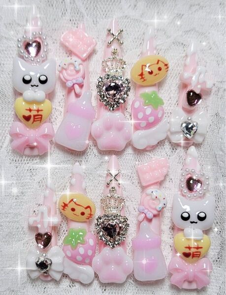 113 現品 ネイルチップ ピンク 量産型 地雷 ロリータ ゆめかわ 魔法少女 平成女児 ゴテゴテ フレンチガーリー オムライス
