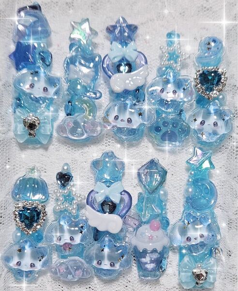 111 現品 ネイルチップ 水色 量産型 地雷系 ゆめかわ 魔法少女 平成女児 ゴテゴテ ロリータ ボンボンドロップシール