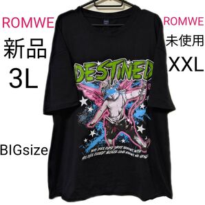 新品 3L ROMWE 半袖 Tシャツ 黒 大きいサイズ XXL トップス 未使用 ブラック ビッグサイズ 半袖Tシャツ