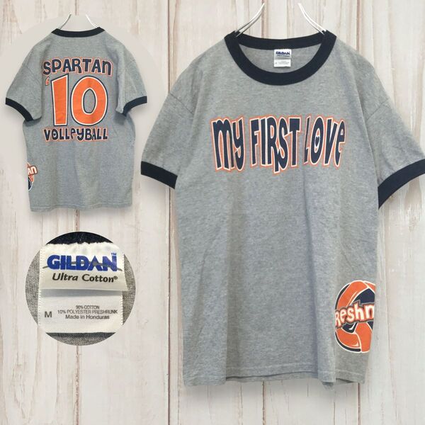 【USA古着 ボディギルダン リンガーTシャツ】GILDAN 背面プリント L相当 グレー 半袖 古着