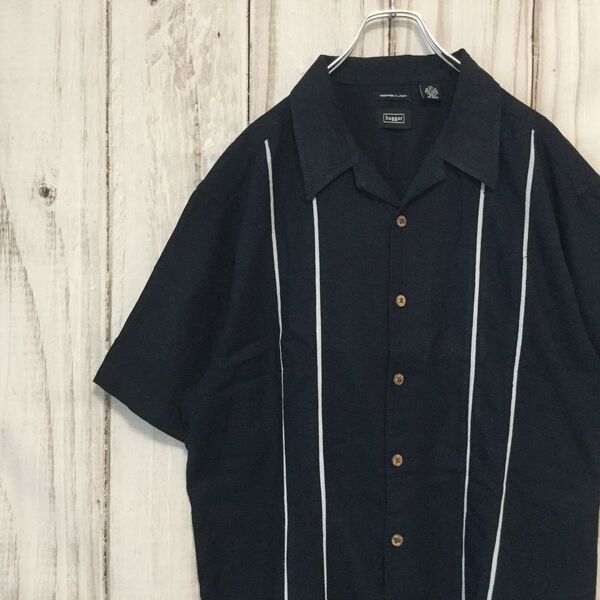 【90年代 haggar ハガー 半袖オープンカラーシャツ 2XL】リネン×レーヨン 開襟シャツ ネイビー 古着