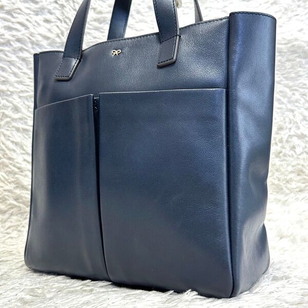 【良品】ANYA HINDMARCH アニヤハインドマーチ ネイビストート ミニ トートバッグ ハンドバッグ レザー ネイビー