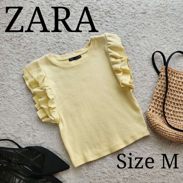 【ZARA】リブフリルTシャツ イエロー Mサイズ クロップドTシャツ
