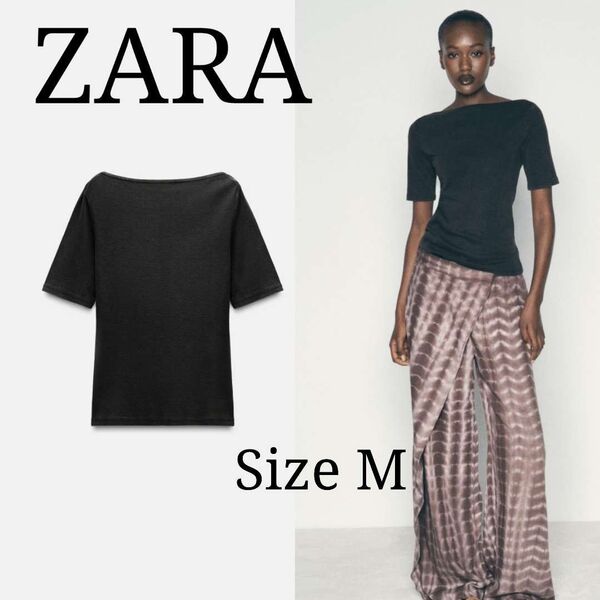 【ZARA】新品タグ付 used加工 五分袖トップス M ブラック