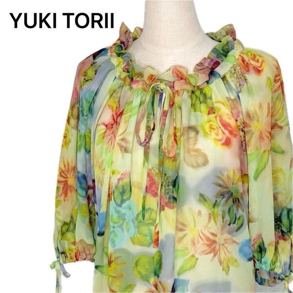 YUKI TORII ユキ トリイ ブラウス チュニック 花柄 リボン フリル シアー 透け感 華やか シフォン 七分袖