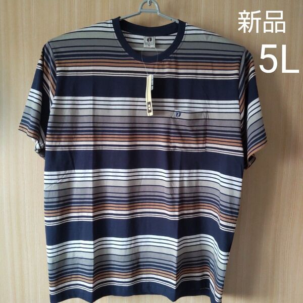 新品 大きいサイズ 5L HangTen 半袖Tシャツ ボーダー柄 ネイビー系 Tシャツ カットソー