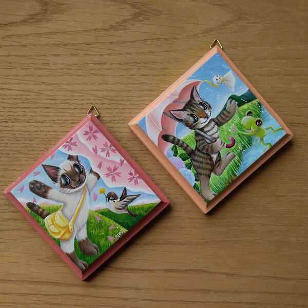 猫のミニパネル4月桜3と6月雨3のセット ハンドメイド インテリア雑貨 手作り 猫雑貨