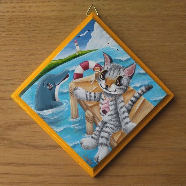 猫のミニパネル7月・海4(一辺約10cm)インテリア雑貨 ハンドメイド 絵 猫雑貨 壁掛け飾り サバトラ猫