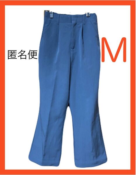センタープレスセミフレアスラックス ブルー tiptop ティップトップ ハイウエスト フレア パンツ M オフィスカジュアル