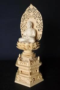 未使用保管品　総ツゲ　座弥陀　六角　金泥　木製　2寸　仏具（200510A1-4）4151　②　M