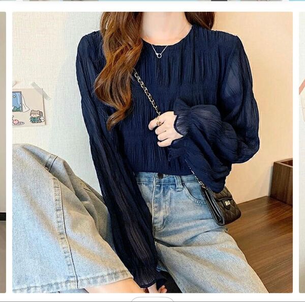 ブラウス ギャザー トップス シャーリングシフォン レディース 長袖 ラウンドネック シャーリング 透け感 フリル フレア袖