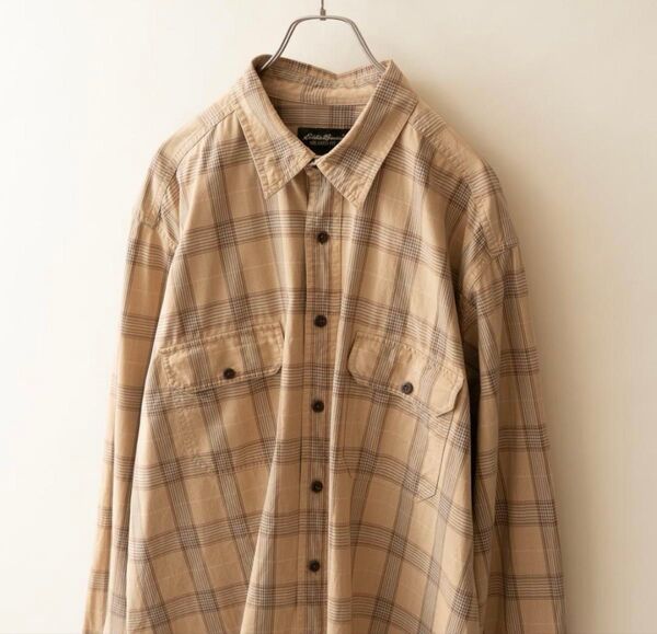 早い者勝ち!美品!エディバウアー チェック 長袖シャツ ベージュ メンズ XL