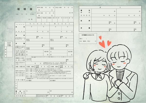 婚姻届 寄り添うカップルの手描き風イラスト A3×3枚セット