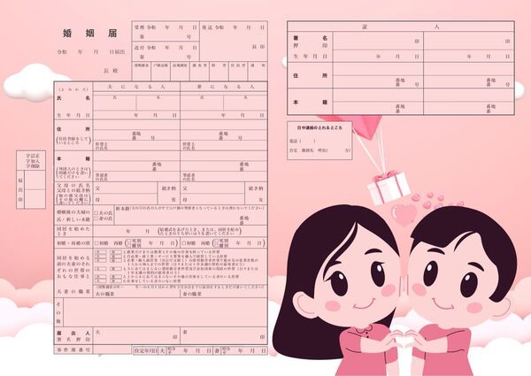 婚姻届 ピンク ハートを作るアニメ風カップルのイラスト A3×3枚セット