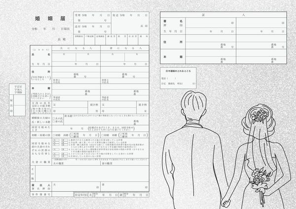 婚姻届 A3 シルバー 後ろ姿のウェディングカップルのラインアート風イラスト3枚