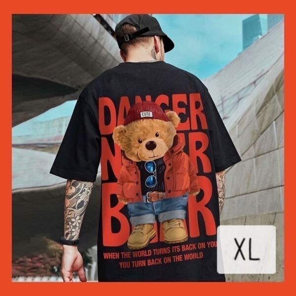 男性用大きめシャツ 半袖 Tシャツ くま ストリート ロング丈 韓国 XL ①