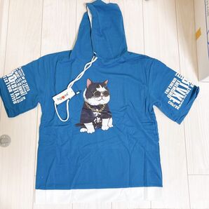 パーカー 半袖 メンズ 猫デザイン ネコ柄パーカー L GogoJuly