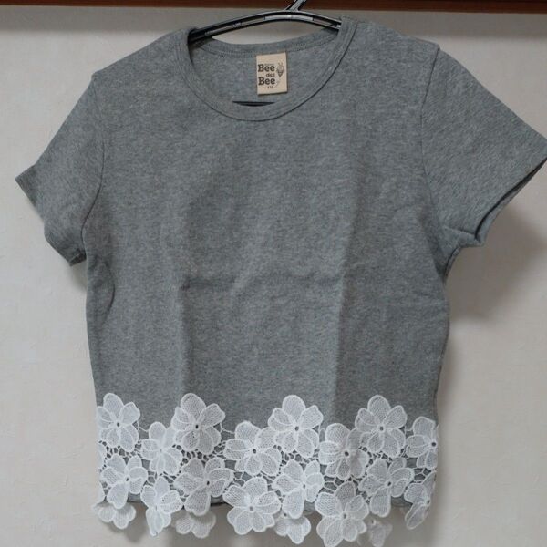 新品未使用 カットソー 110サイズ Tシャツ 裾 レースプルオーバー 韓国子供服 グレー トップス