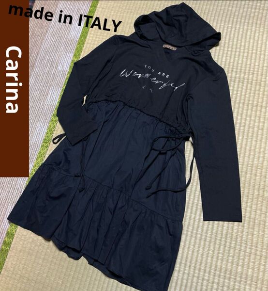 Carina イタリア製 レディース ロゴプリント カットソー 異素材 フード付き ワンピース パーカー 長袖 薄手 ブラック 黒