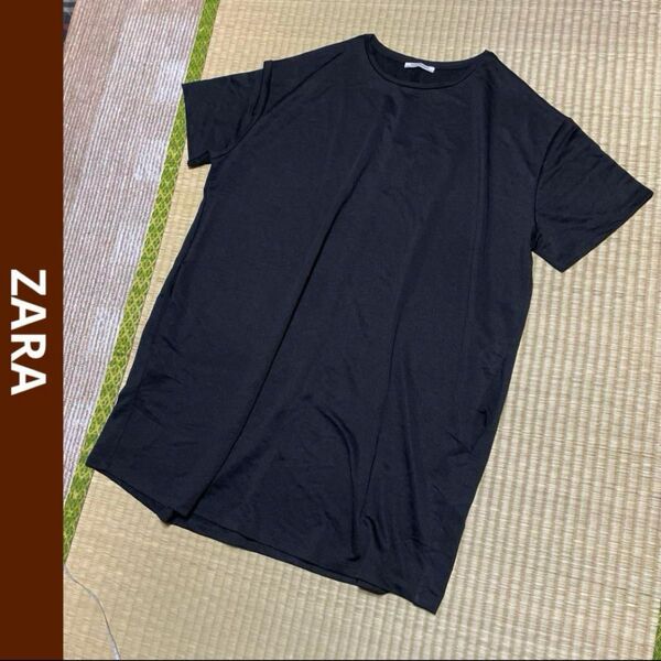 ZARA ザラ レディース カットソー tシャツワンピース 半袖 黒 ブラック 膝丈 XL 無地