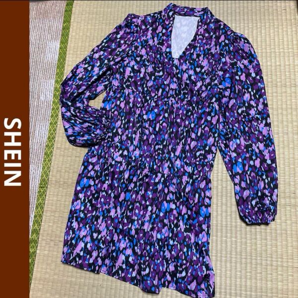SHEIN シーイン 総柄 ひざ丈ワンピース Vネック 長袖 XL 個性的 ワンピース チュニック