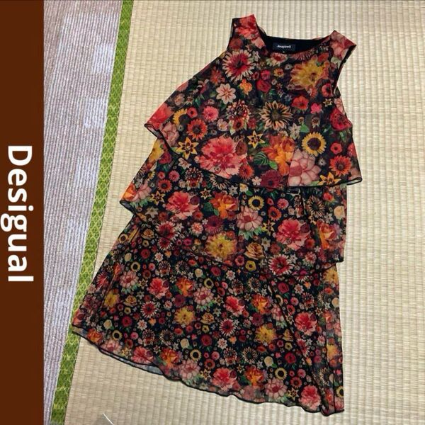Desigual デシグアル ノースリーブ ティアードワンピース 膝丈 花柄 XL ワンピース 黒