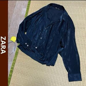 ZARA ザラ レディース 春夏 秋 サテンつるつる光沢 スキッパーvネックシャツ 長袖 ネイビー XL 銀ボタン