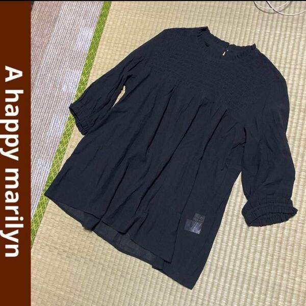 アハッピーマリリン トップス 綿100% L〜LL 体型カバー ギャザー チュニック ブラウス カットソー 七分袖 ブラック 黒