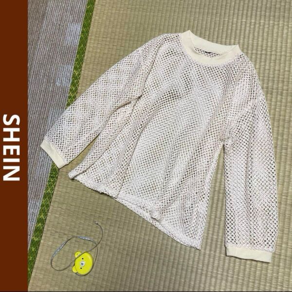SHEIN 編み編みシアーニット トップス 長袖 アイボリー M L レディース 春夏 カットソー プルオーバー