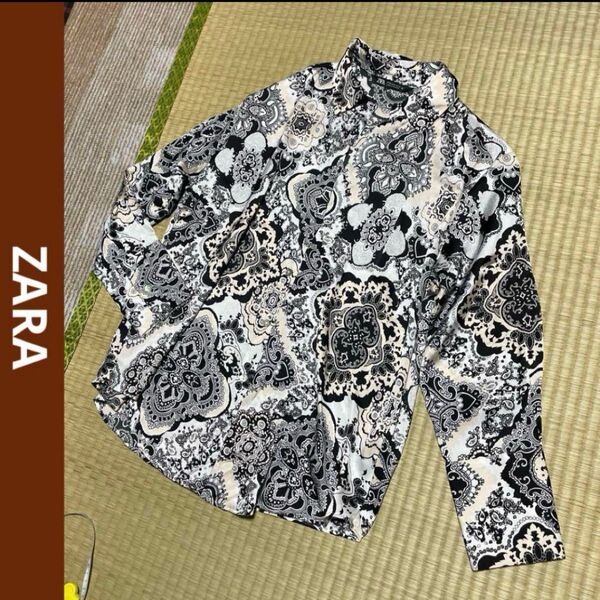 ZARA ザラ サテンつるつる光沢 vネック 長袖シャツ ブラウス トップス M 大きめ 長袖 総柄 トップス 春夏 秋 薄手