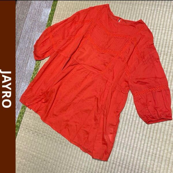 JAYRO 刺繍レース 無地 コットン 綿100% チュニック ブラウス トップス プルオーバー 五分袖 七分袖 レッド 赤 M