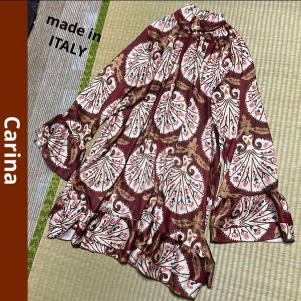 Carina イタリア製 レディース つるつる光沢 スタンドネック ティアード ミニワンピース チュニック 長袖 総柄 花柄