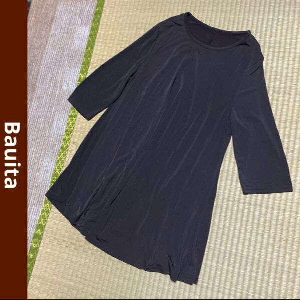 Bauita カットソー チュニック ワンピース Aライン 無地 五分袖 七分袖 薄手 M〜L チャコール グレー系