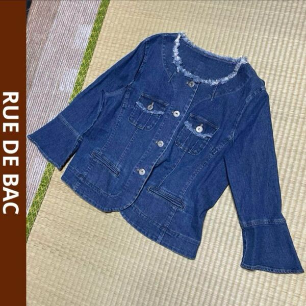 RUE DE BAC ノーカラー フリンジ デニムジャケット ジャケット gジャン 薄手 L ブルー ストレッチデニム