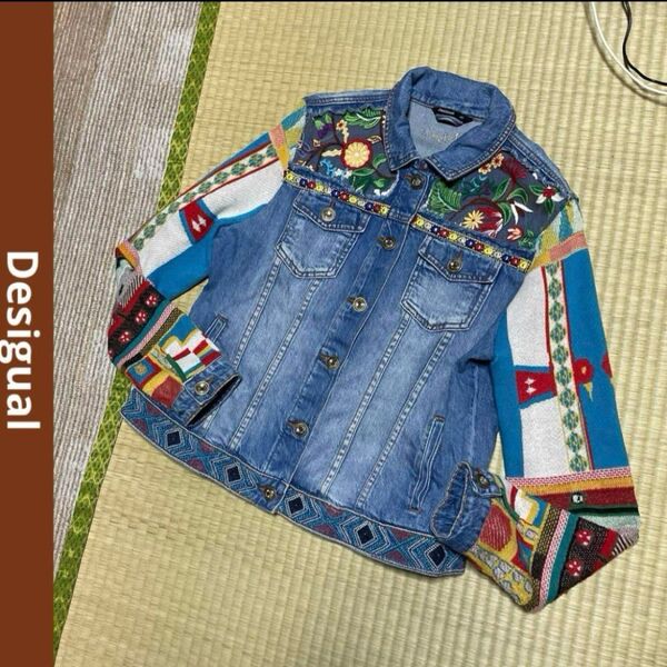 Desigual デニムジャケット gジャン ブルー 長袖 刺繍レース 46 ジャケット 長袖 ブルー デニム size46