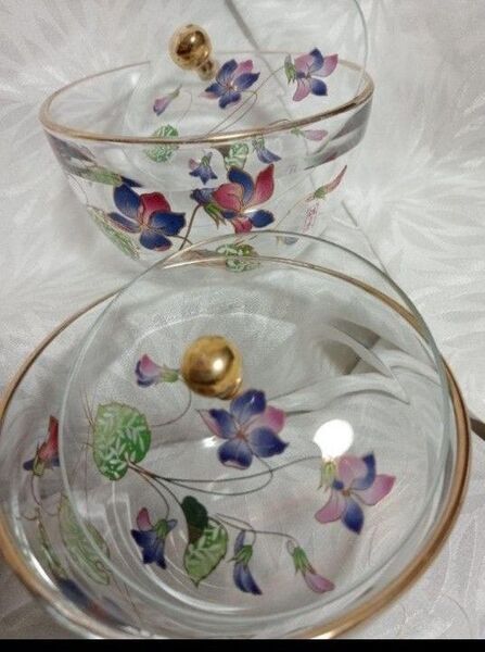 蓋つき ガラス器 佐々木クリスタル 「花の香り」すみれ柄 2客