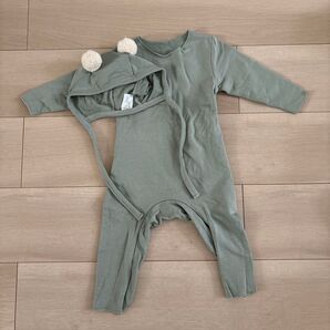 ベビー服 ロンパースと帽子セット グリーン