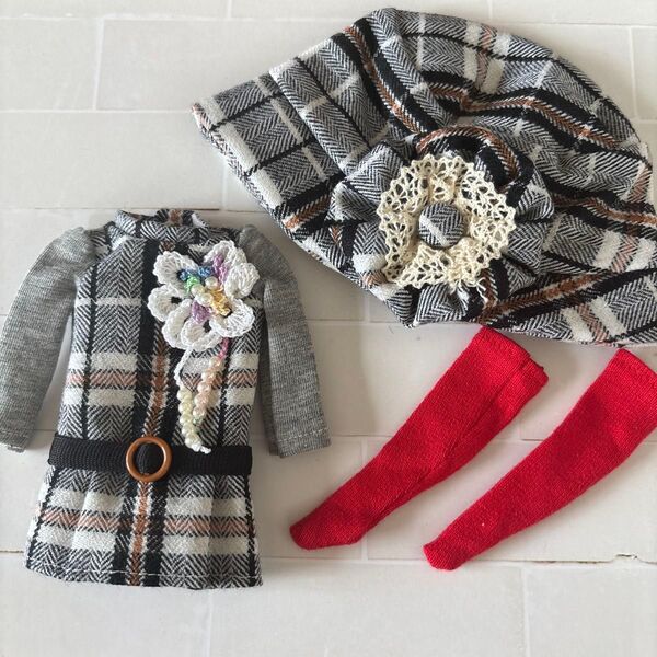 ブライスドール服 3点セット チェック柄 グレー系 ハンドメイド