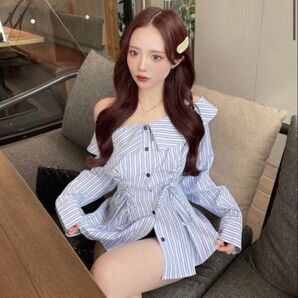 【大人気】ストライプペプラムシャツトップス elmyu アンドマリー新品