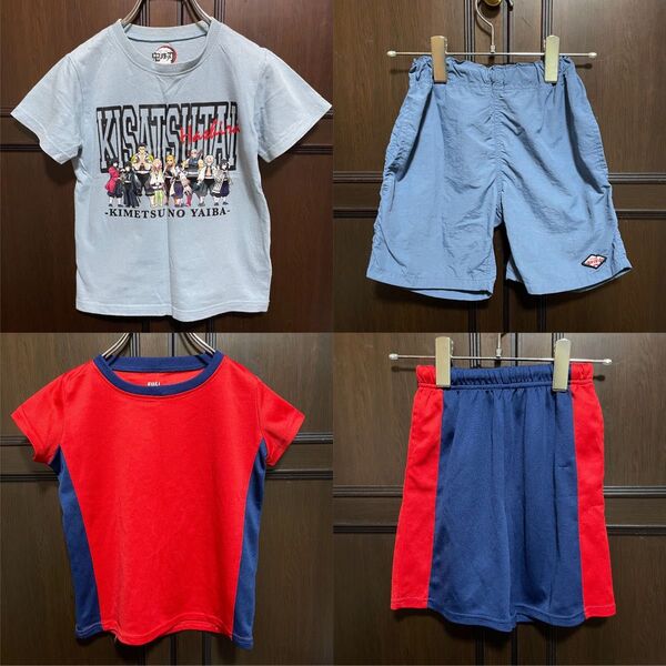 キッズ 男の子 130 まとめ売り 半袖 Tシャツ 半ズボン 半パン 青 赤 綿 上下セット ハーフパンツ ジャージ