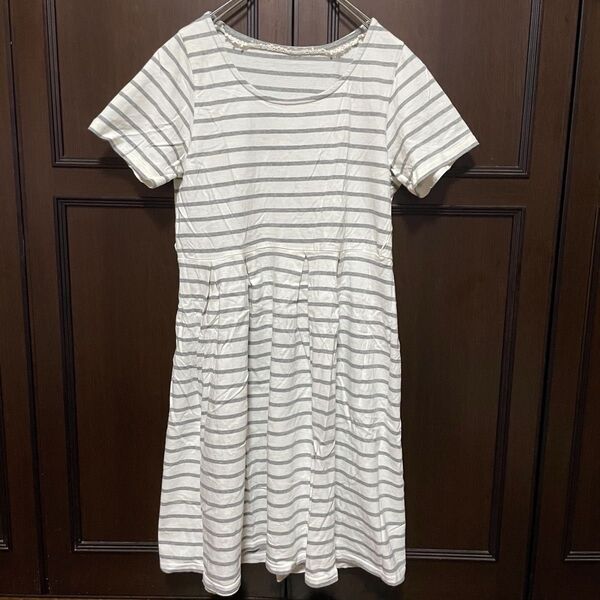 earth music&ecology ワンピース M 綿100% 白 ボーダー 半袖 クルーネック Tシャツ