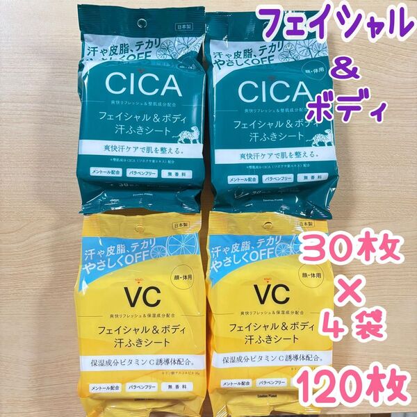 フェイシャル&ボディ 汗ふきシート 4個セット(CICA×2個、VC×2個)汗拭きシート ボディシート