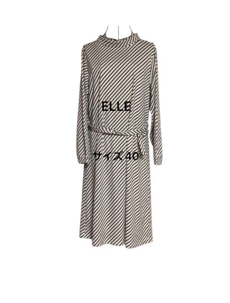 ELLEサイズ40アイボリーに黒のストライプ柄ワンピース 長袖 ハイネック ウエストリボン付き春秋ポリエステル100%