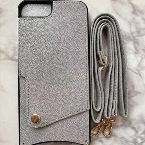 iPhone7Plus/8Plus シンプルレザーソフトケース&ストラップセット グレー 灰色