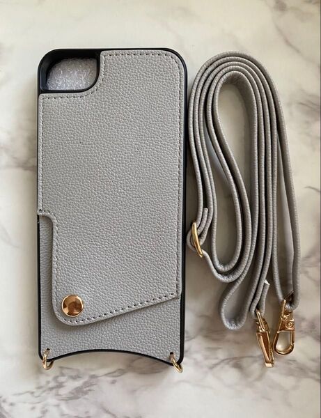 iPhone6/6s/7/8/SE2/SE3 シンプルレザーソフトケース&ストラップセット グレー 灰色