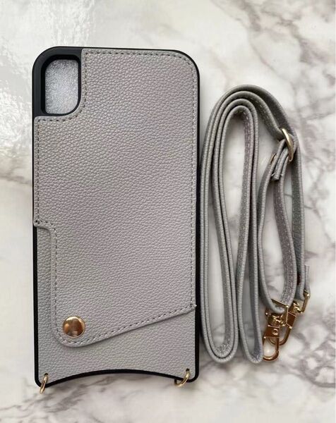 iPhoneXR 可愛い&シンプルレザーソフトケース&ストラップセット グレー 灰色