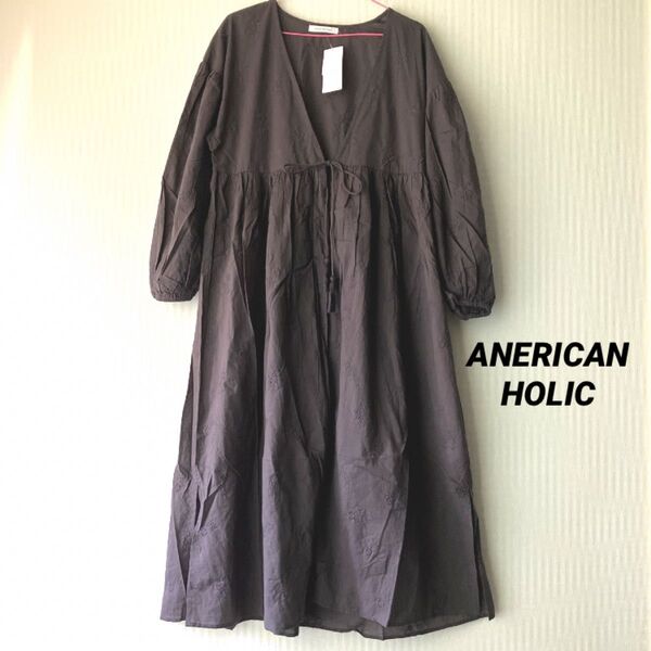 AMERICAN HOLIC アメリカンホリック 刺繍ガウンワンピース チャコールグレー