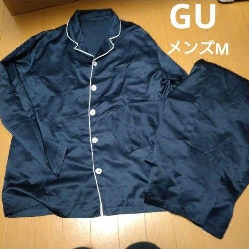 GU ジーユー メンズ パジャマ サテン ネイビー M 長袖 部屋着 長袖パジャマ 上下セット